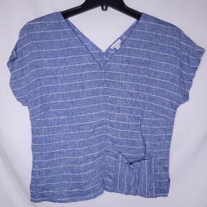 Garnet Hill Linen Top Medium Striped Blue, White Boxy V Neck